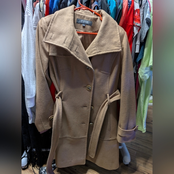 Wool Kenneth Cole Reaction Camel Long Trench Coat - Picture 3 of 9